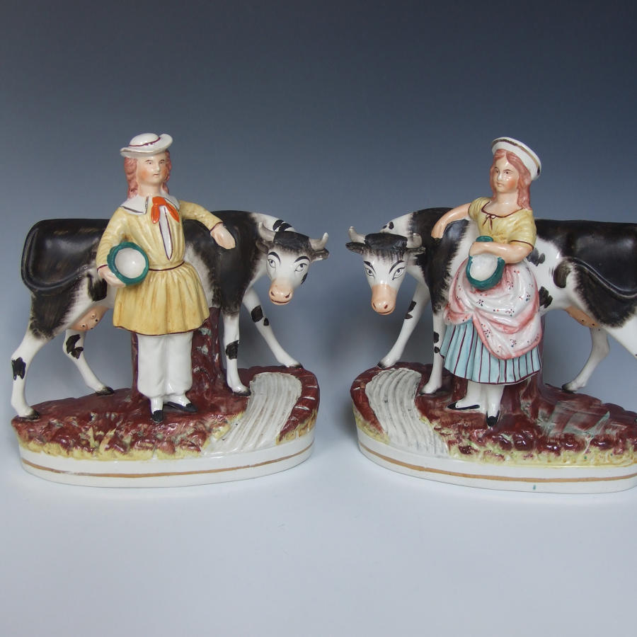 Large Staffordshire cow & herder figures