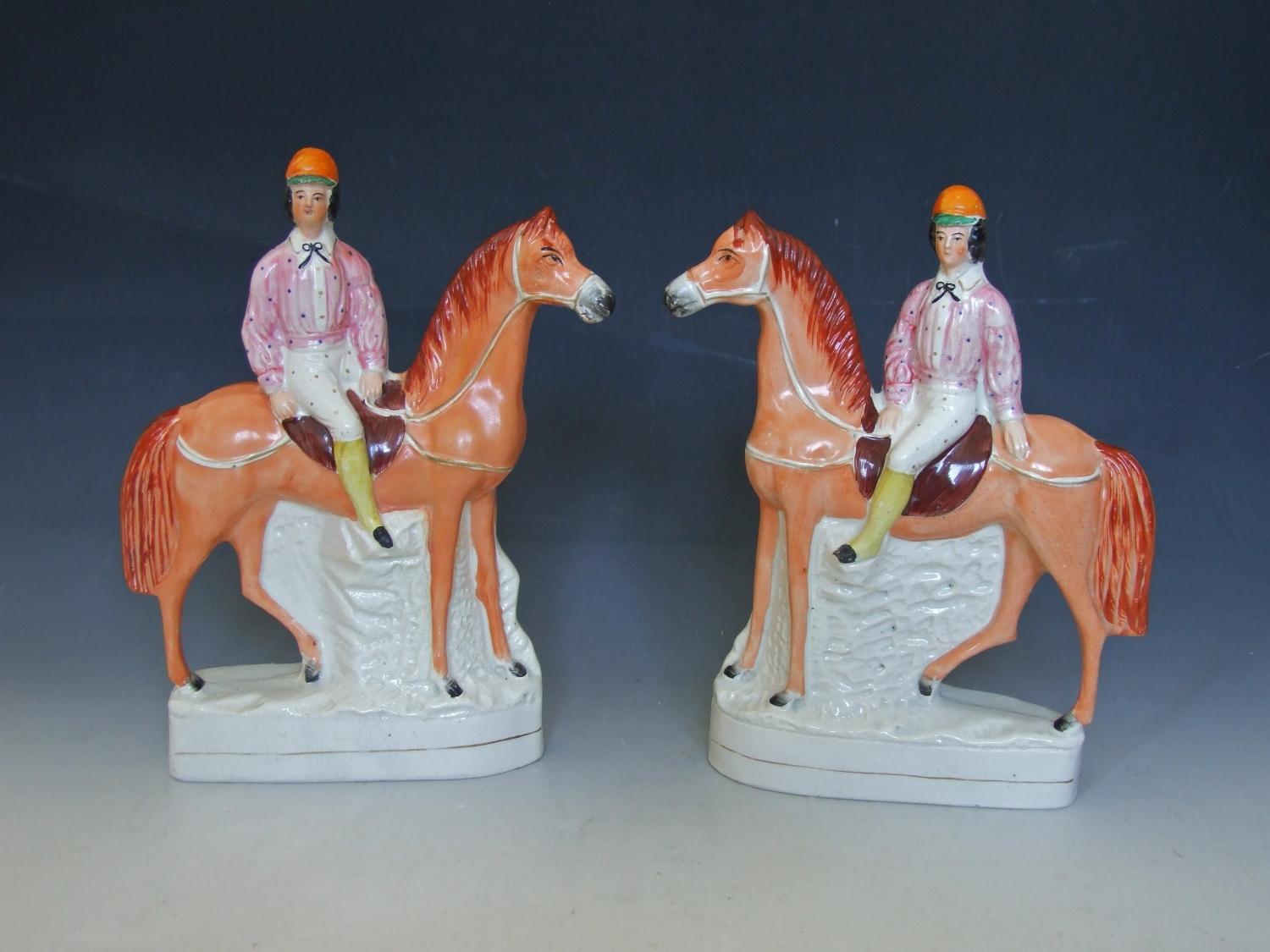 Large pair of Staffordshire mounted jockeys