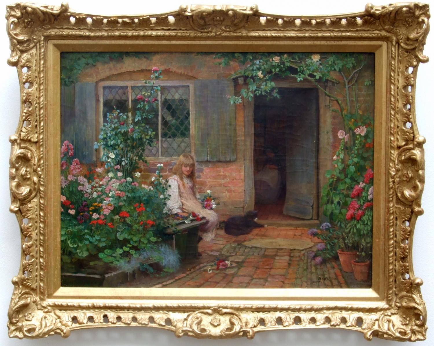 Oil study of girl in country cottage garden