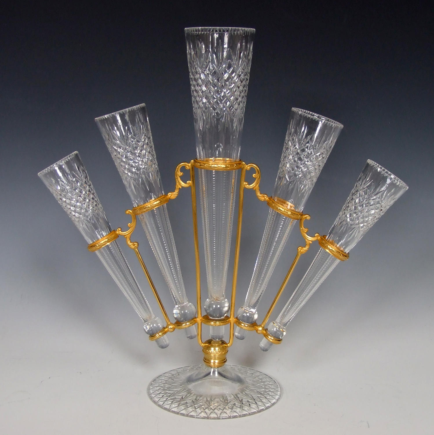Ormolu and cut crystal glass 5 vase fan epergne