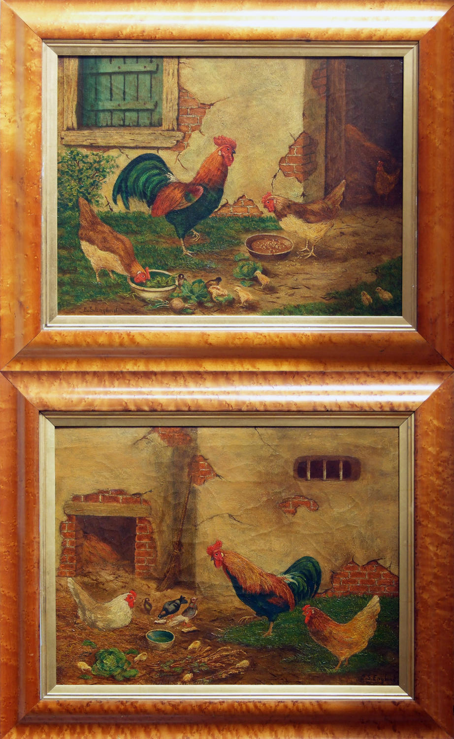 Charming pair of naive oil paintings of chickens and chicks.