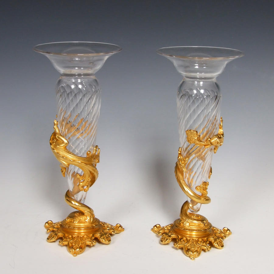 Superb pair of 'Escalier de Cristal' ormolu and glass dragon vases