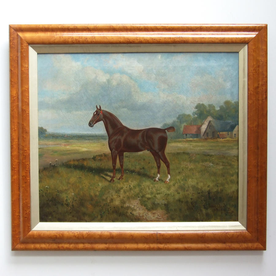 Oil portrait of horse in landscape by James Clarke