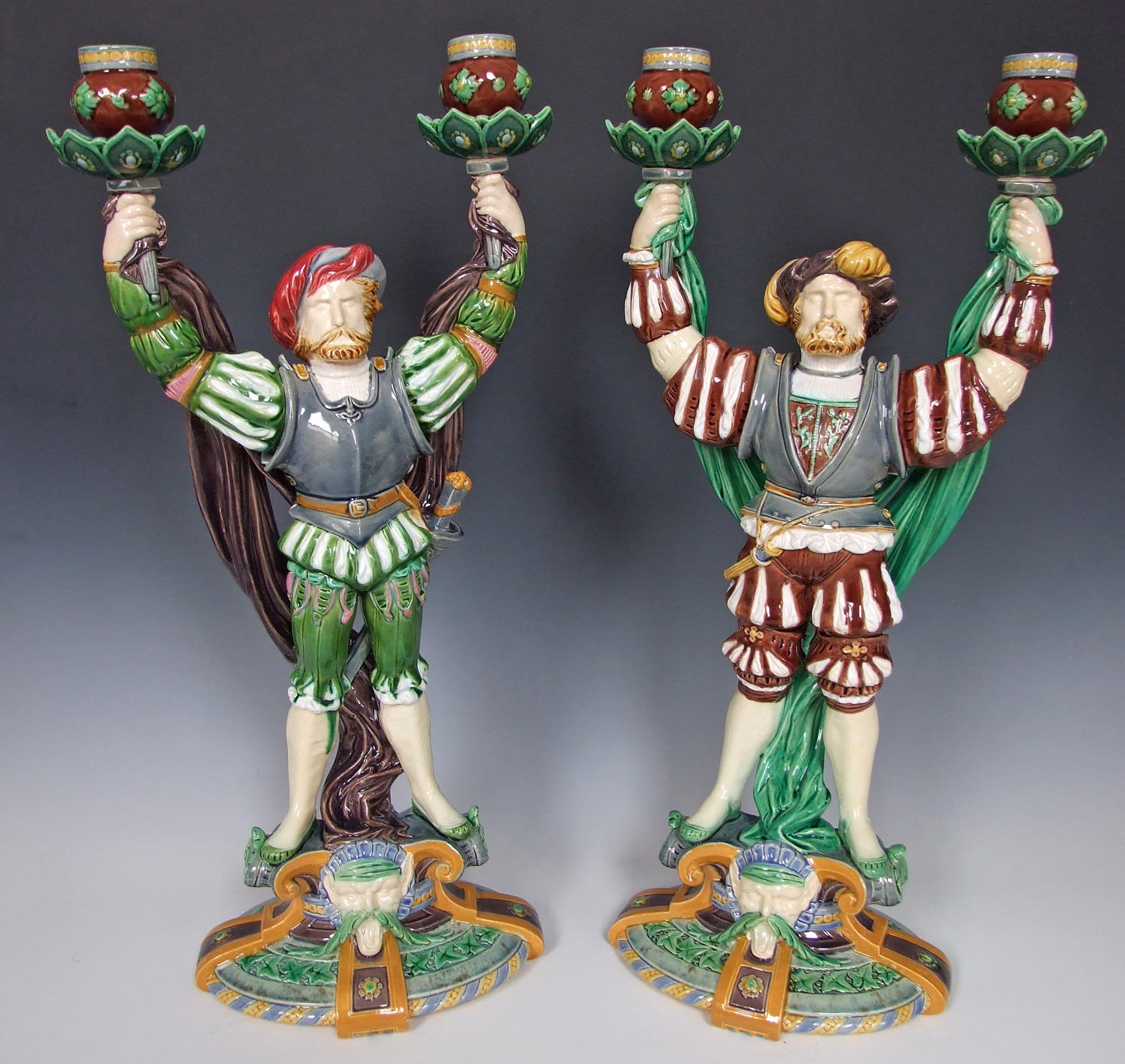 Important pair of Minton majolica Tudor style candelabra