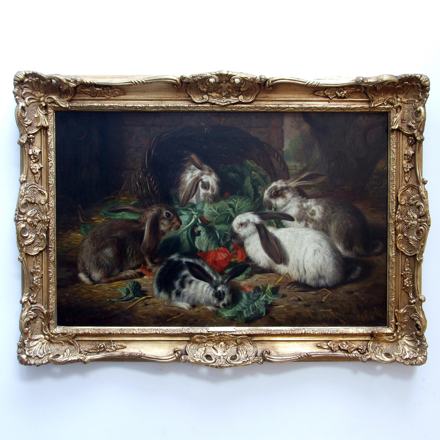 Fine oil painting of a family of rabbits by A R Barber