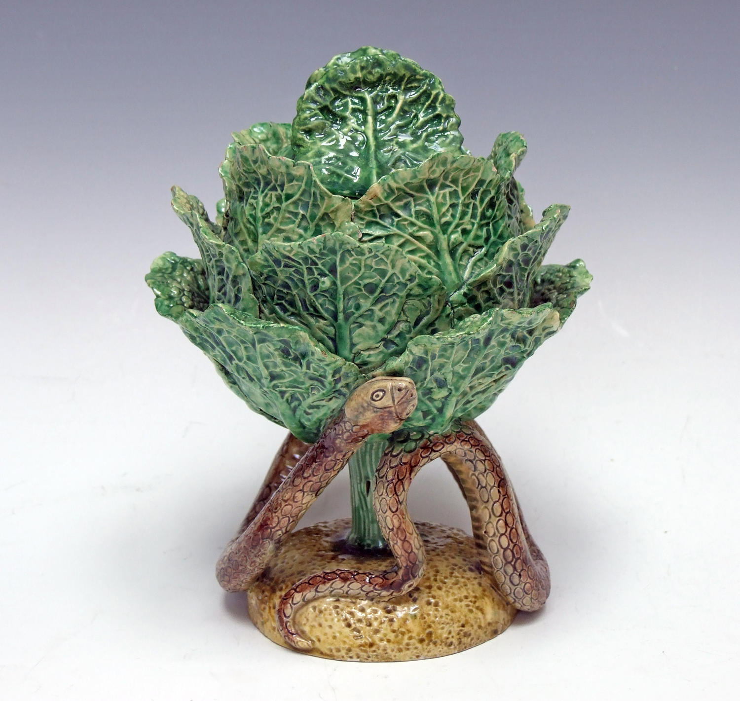 Finely modelled Palissy cabbage motif sugar pot