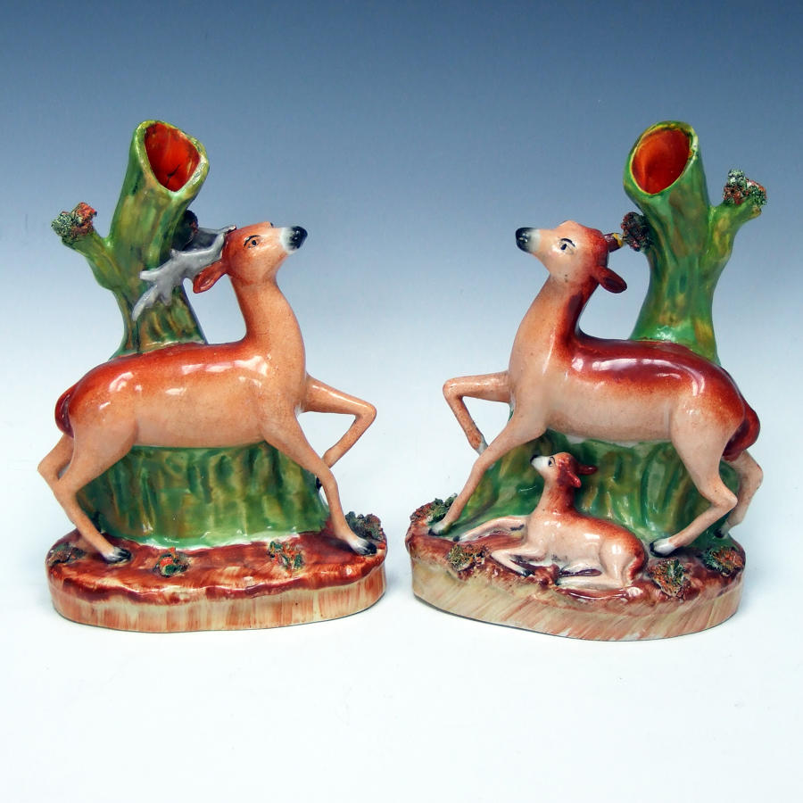 Unusual pair of Staffordshire deer and faun spills