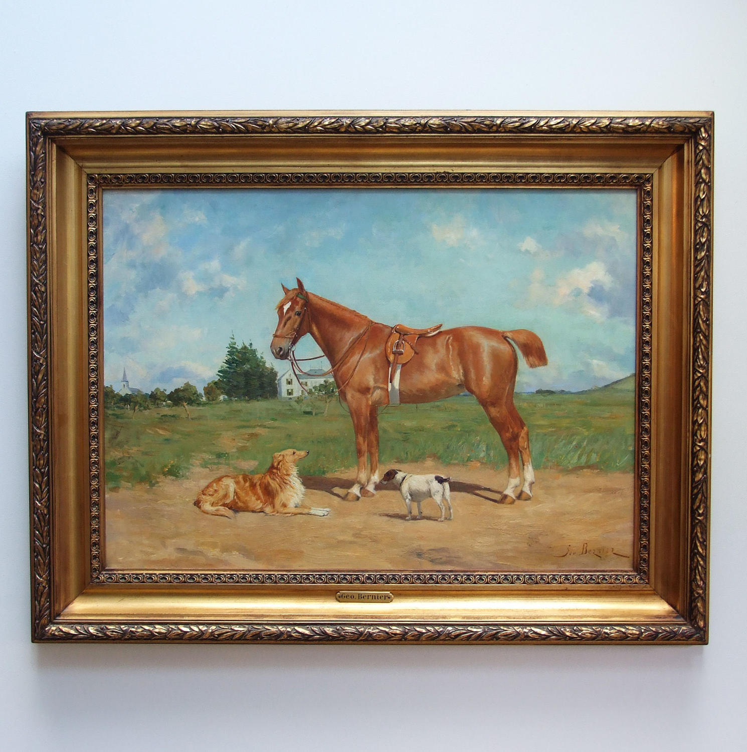 Fine portrait of horse & hounds on a sunny day by Georges Bernier