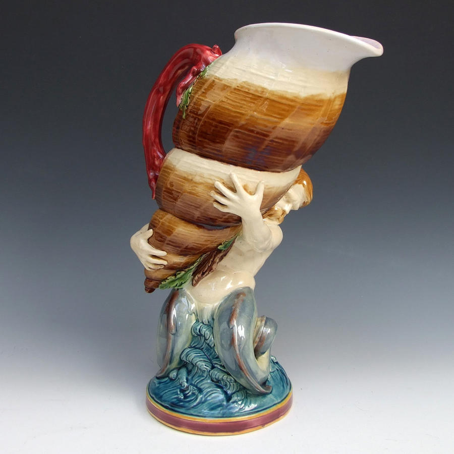 Very large and impressive Minton majolica shell and triton pitcher