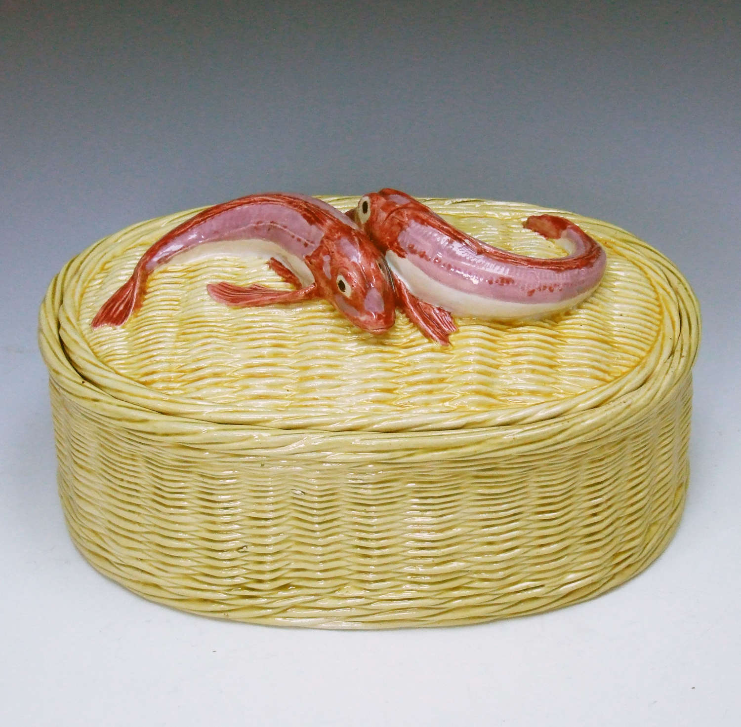 Very rare & unusual large fish basket motif box & cover