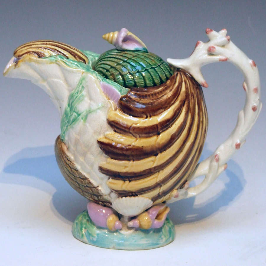 Very rare majolica shell form teapot by Samuel Lear with sugar bowl