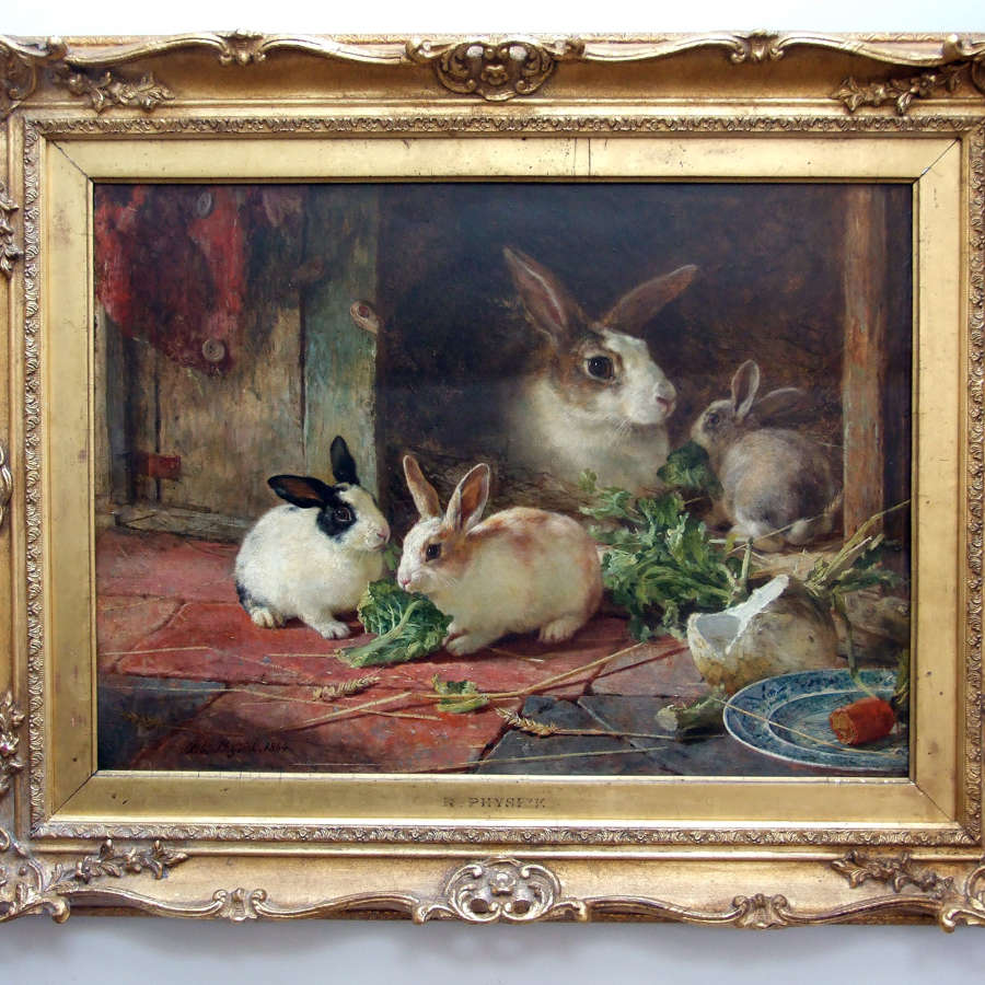 Extremely fine and rare oil painting of rabbits by Robert Physick 1864