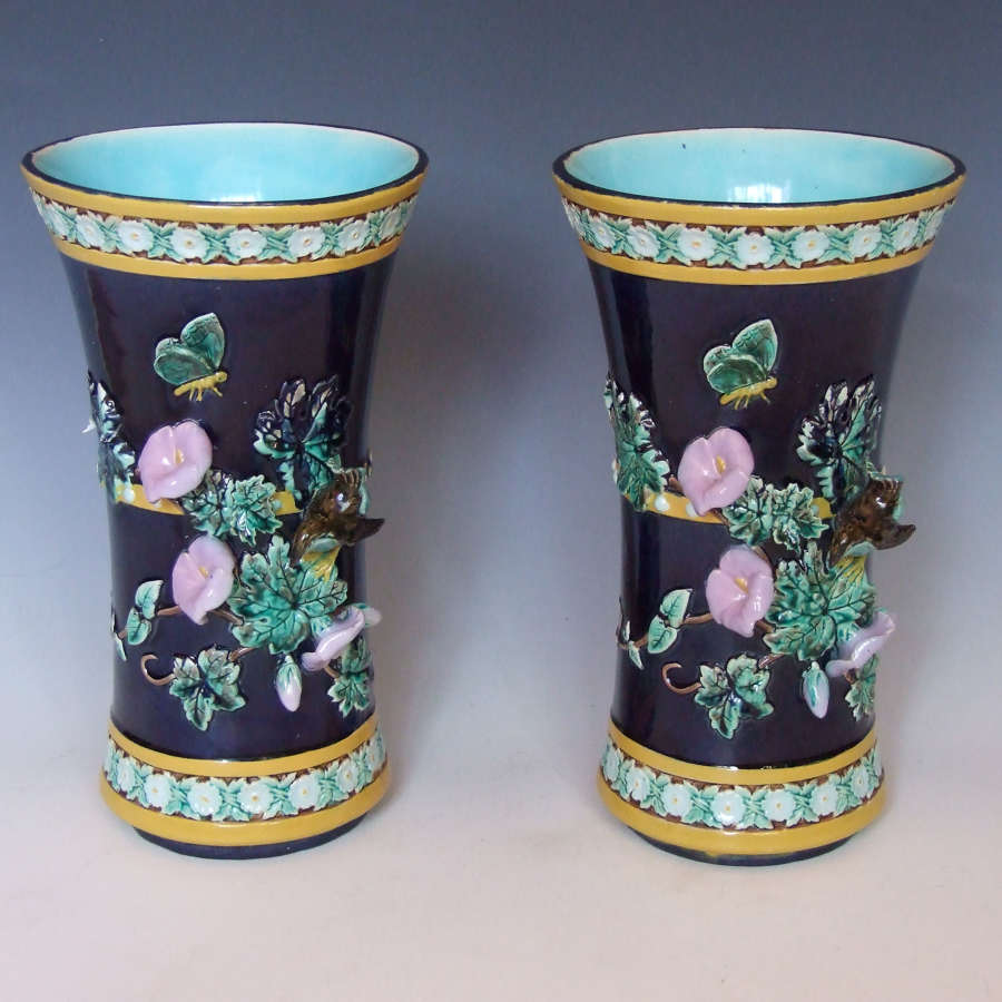 A beautiful pair of Joseph Holdcroft majolica vases.