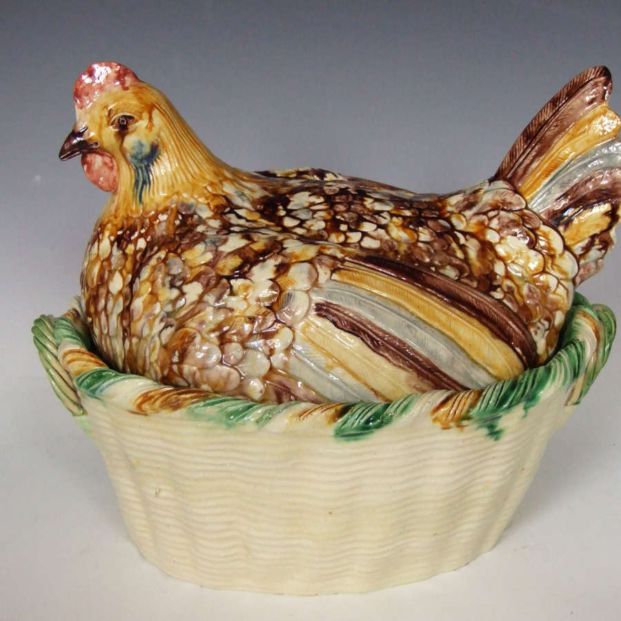 Highly unusual, rare and impressive large Palissy hen on basket tureen