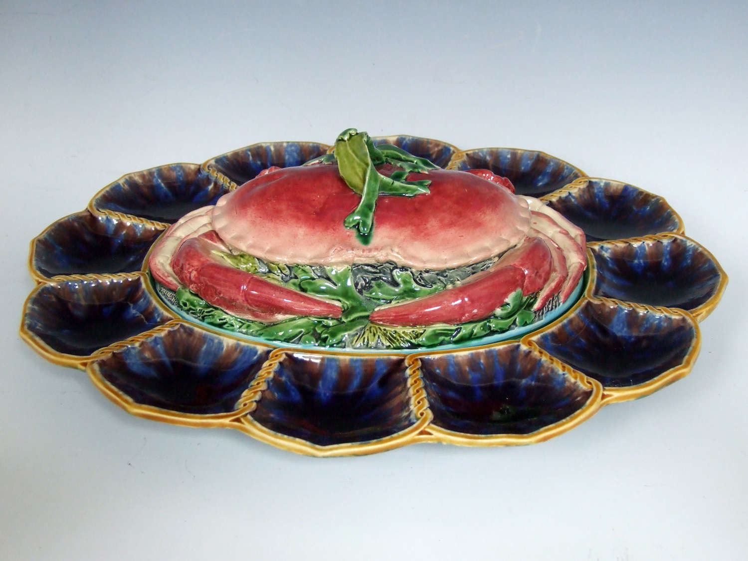 Exceptional Minton majolica crab & oyster server.