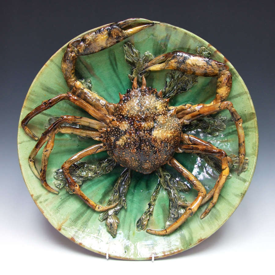 Very rare massive Palissy ware spider crab motif charger by Renoleau.