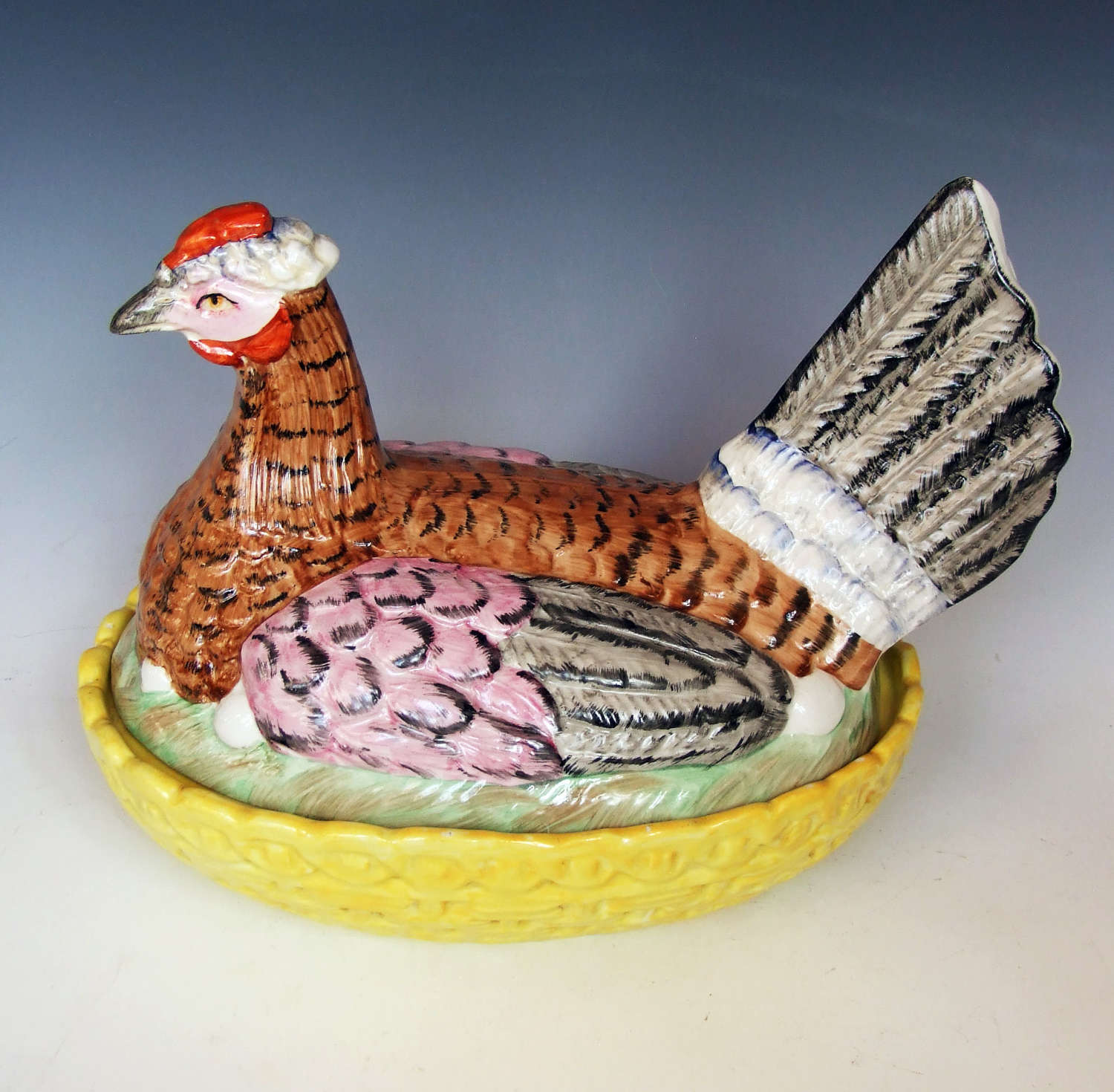 Very large & colourful Staffordhire hen on nest tureen.