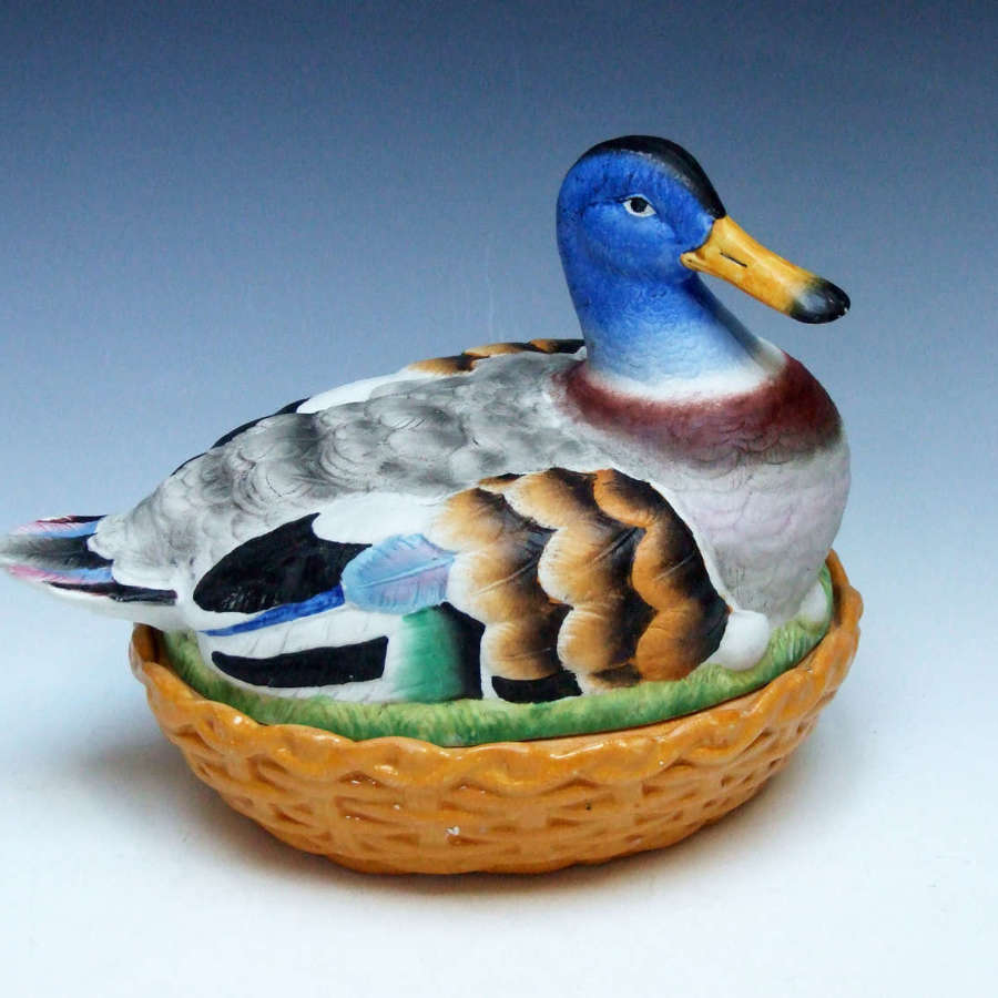 Fine and rare large painted bisque mallard duck tureen