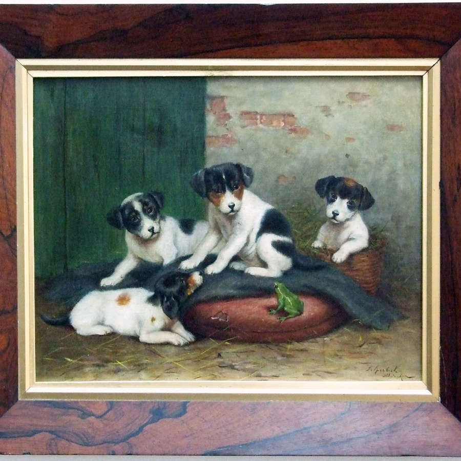 Delightful oil painting of puppies and frog by Sophie Sperlich