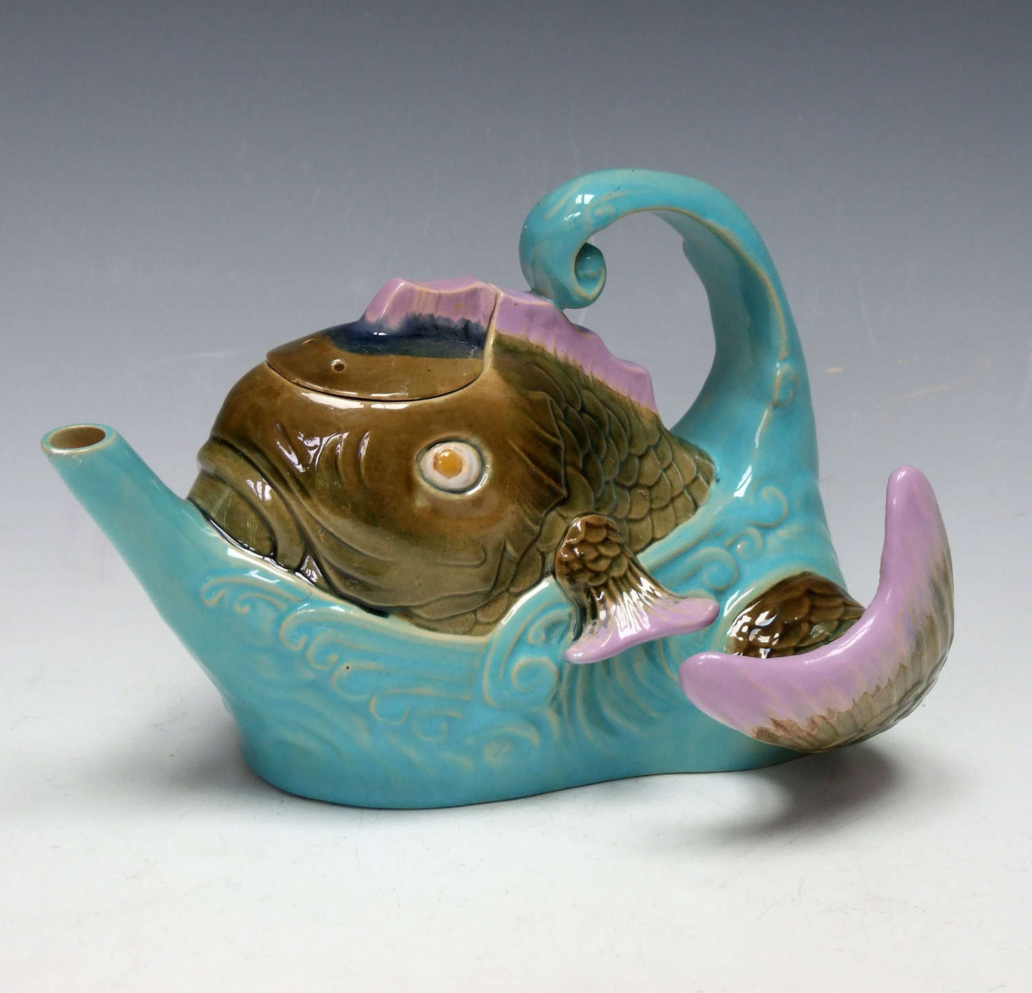 Extremely rare and unusual Brownfield majolica fish in waves teapot