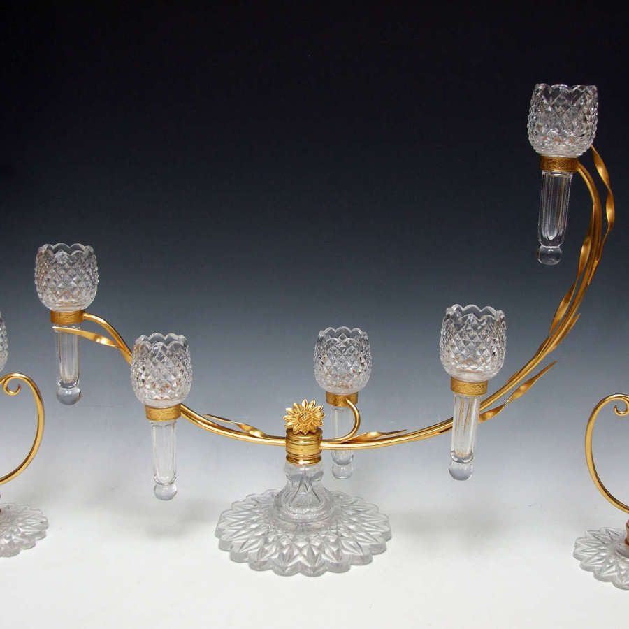 Fine & rare cut crystal glass & ormolu crescent form epergne garniture