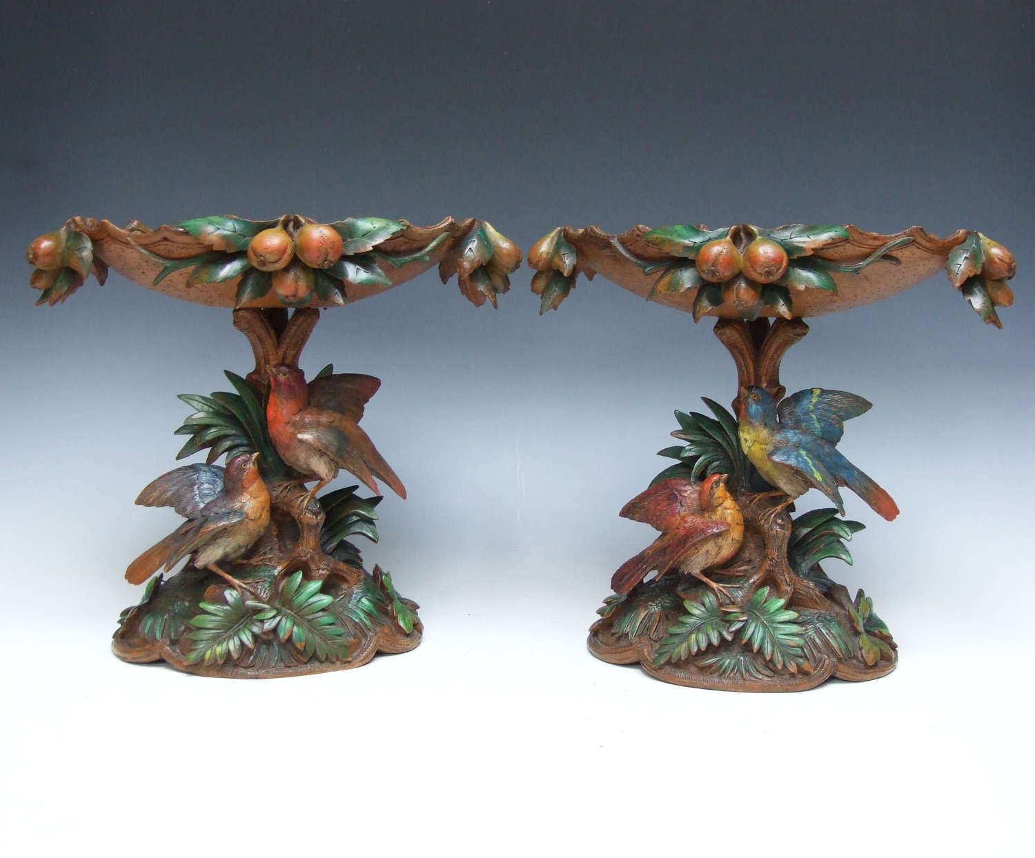 Beautiful & unusual pair of carved & painted bird & fruit motif tazzas