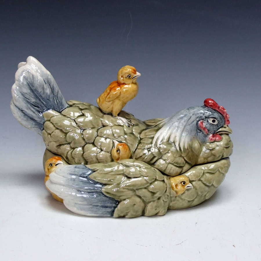 Rare majolica hen and chicks tureen by Georges Dreyfus