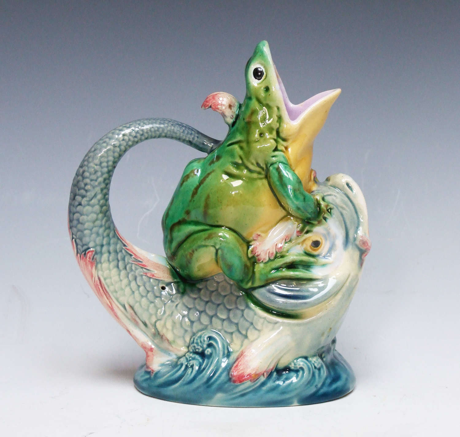 Very rare Minton majolica frog riding dolphin pitcher