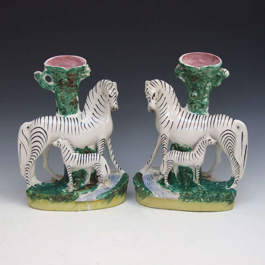 Extremely rare & unusual pair of Staffordshire Zebra and Foal spills