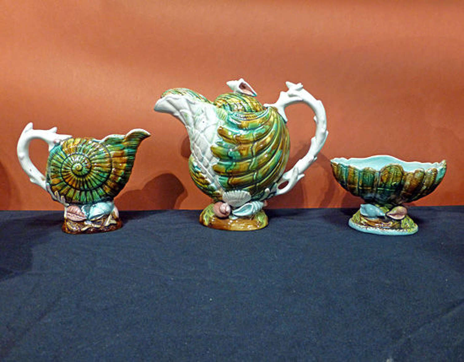 Extremely rare and unusual Samuel Lear majolica shell motif teaset