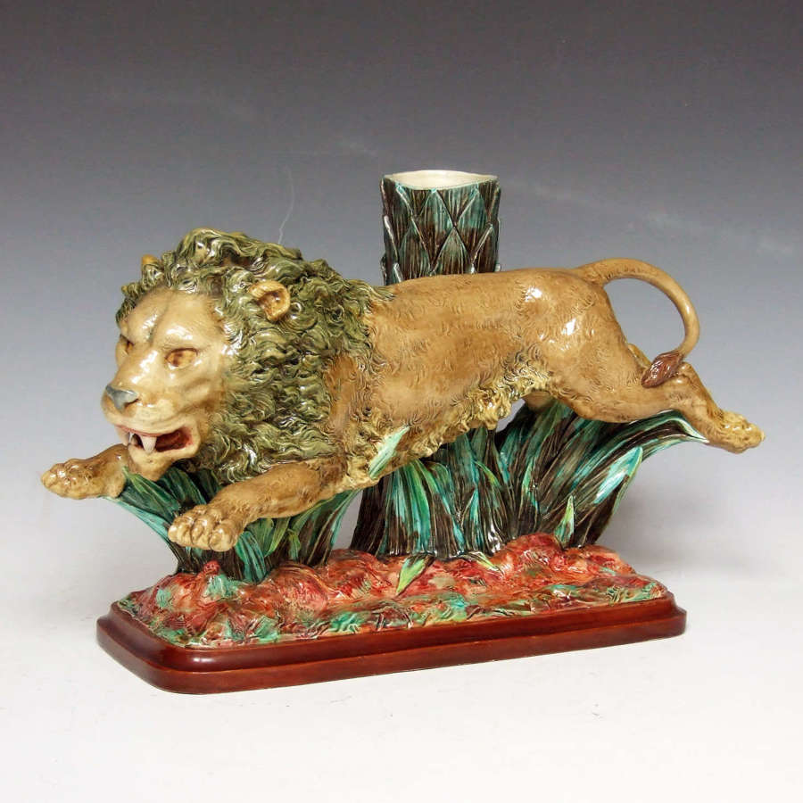 Extremely rare Worcester Hadley majolica leaping lion figure