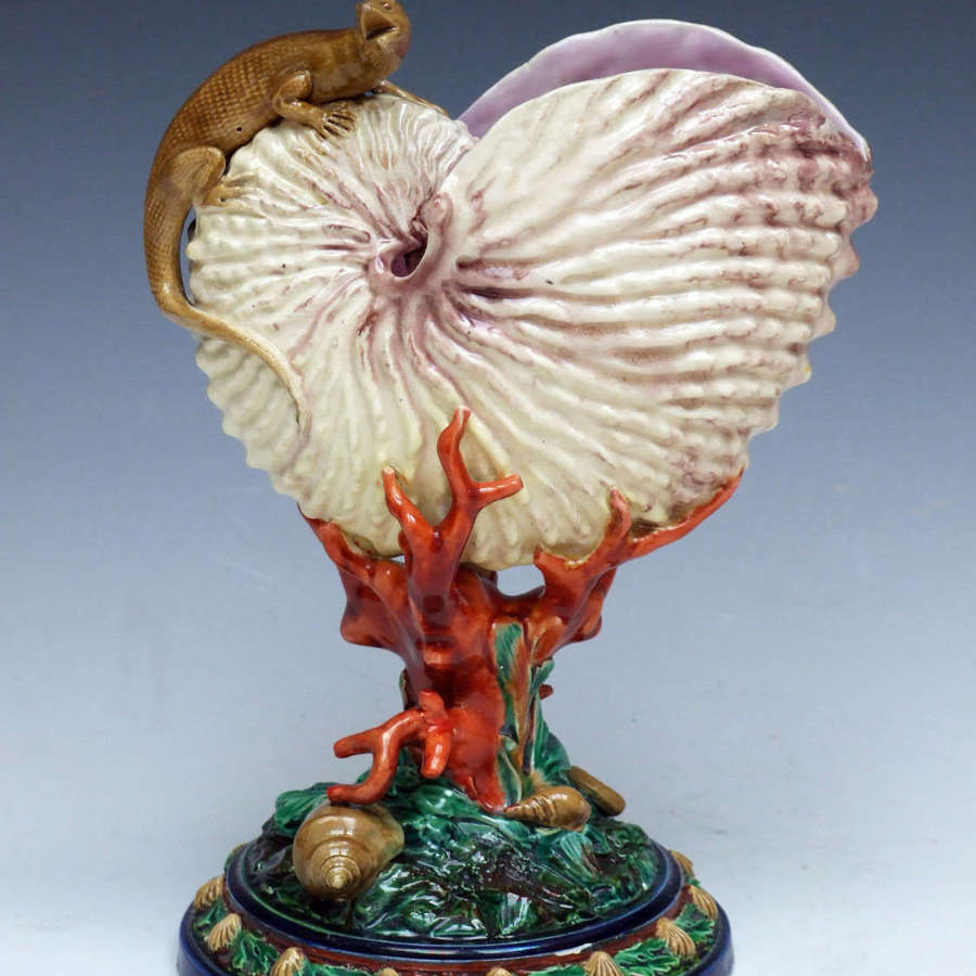 A Worcester Hadley majolica nautilus shell, coral and lizard vase