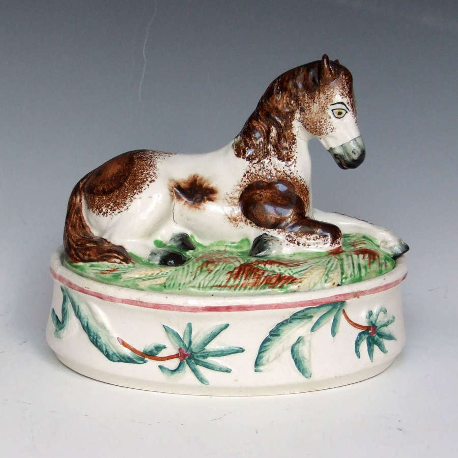 Extremely rare and charming Staffordshire tureen with pony top