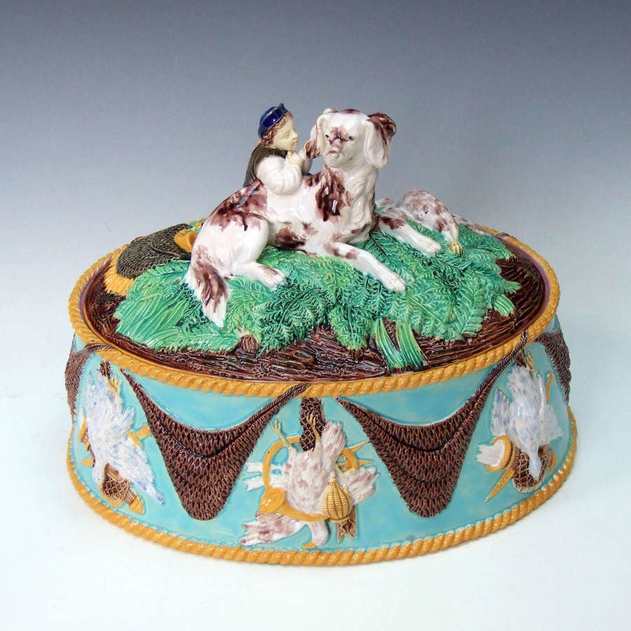 Very unusual George Jones majolica game dish with dog & boy motif lid