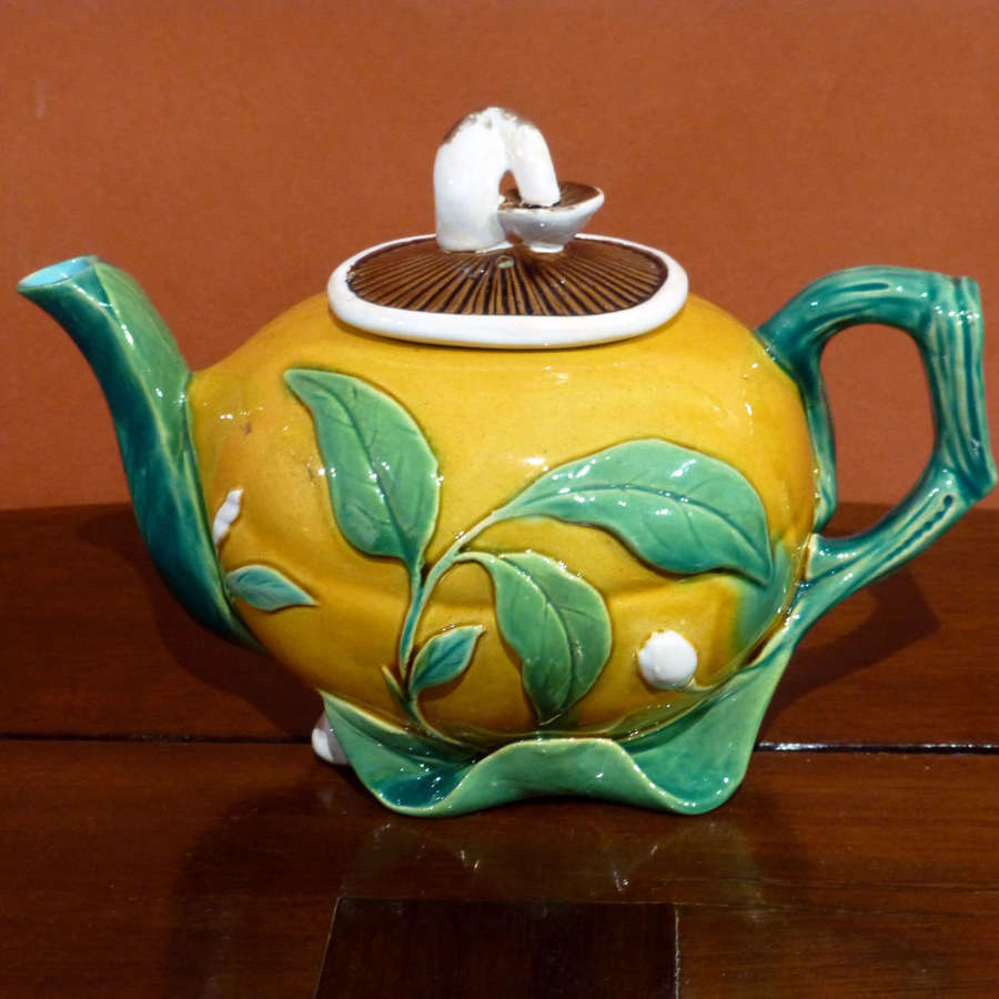 A delightful Minton majolica lemon & mushroom teapot
